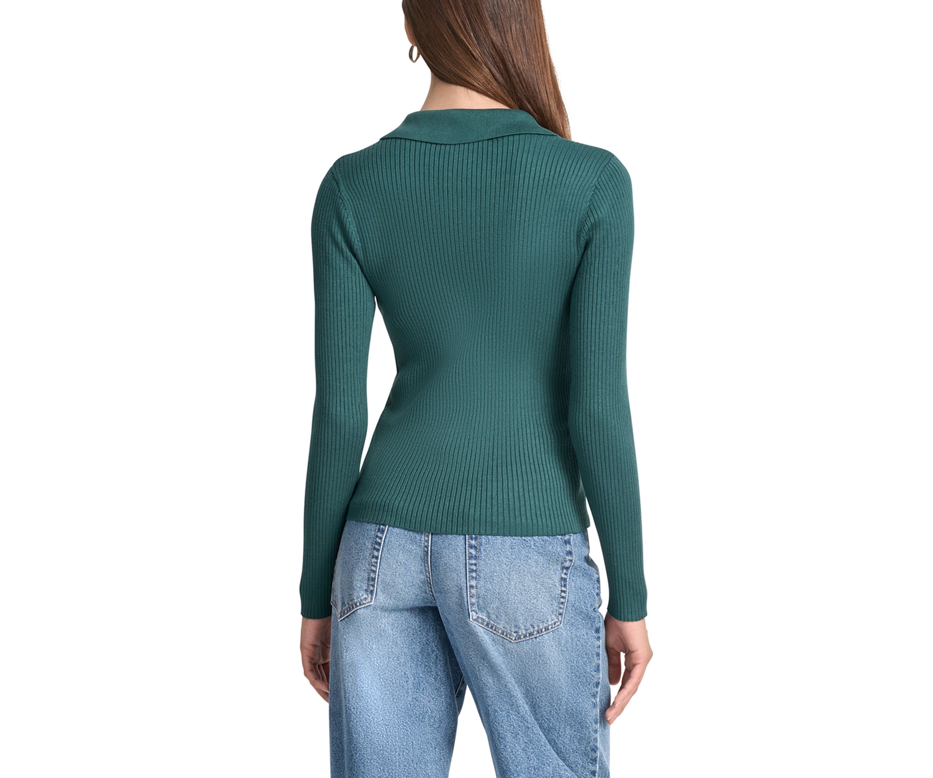 Womens Rib Long Sleeve Collared Sweater with Rhinestone Cuffs
