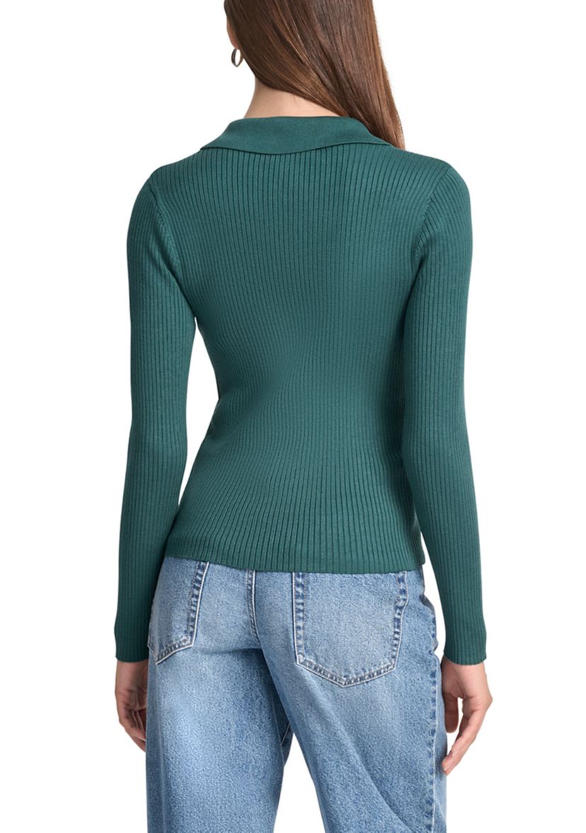 Womens Rib Long Sleeve Collared Sweater with Rhinestone Cuffs