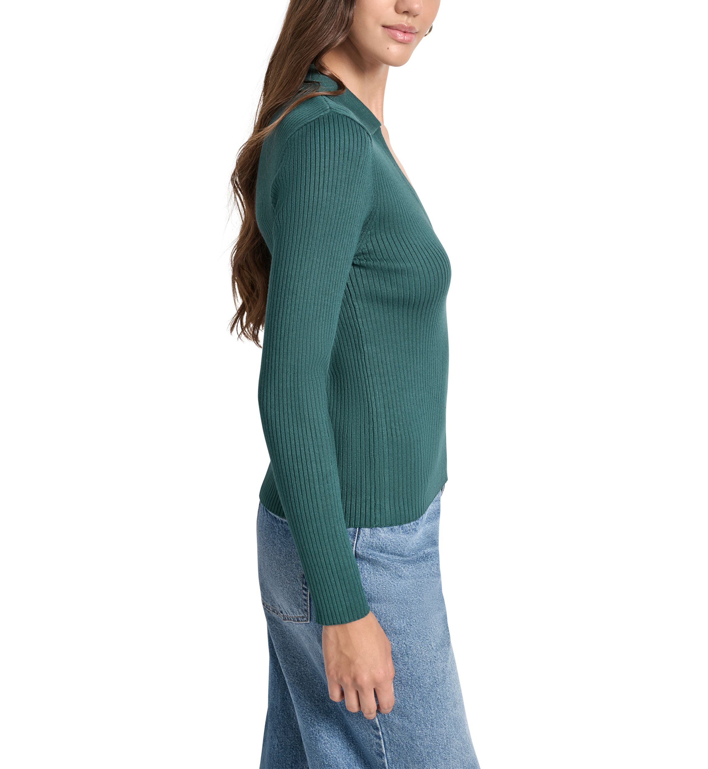 Womens Rib Long Sleeve Collared Sweater with Rhinestone Cuffs