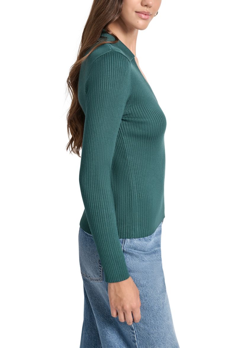 Womens Rib Long Sleeve Collared Sweater with Rhinestone Cuffs