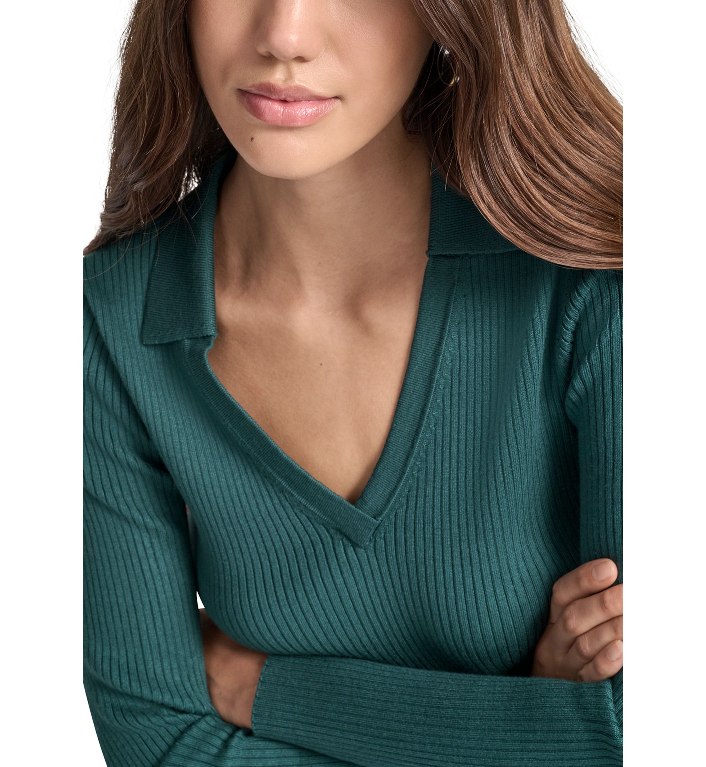 Womens Rib Long Sleeve Collared Sweater with Rhinestone Cuffs