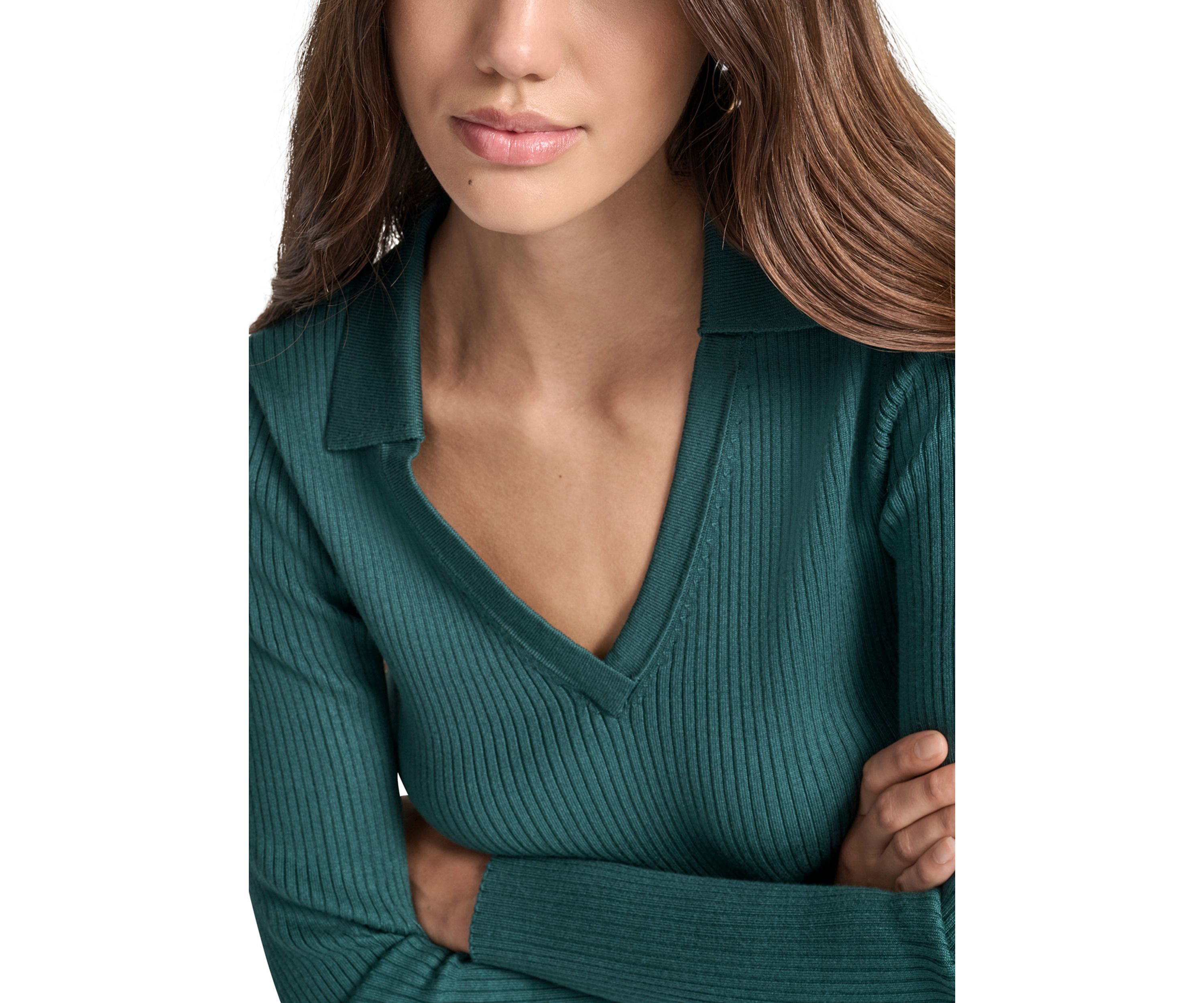 Womens Rib Long Sleeve Collared Sweater with Rhinestone Cuffs
