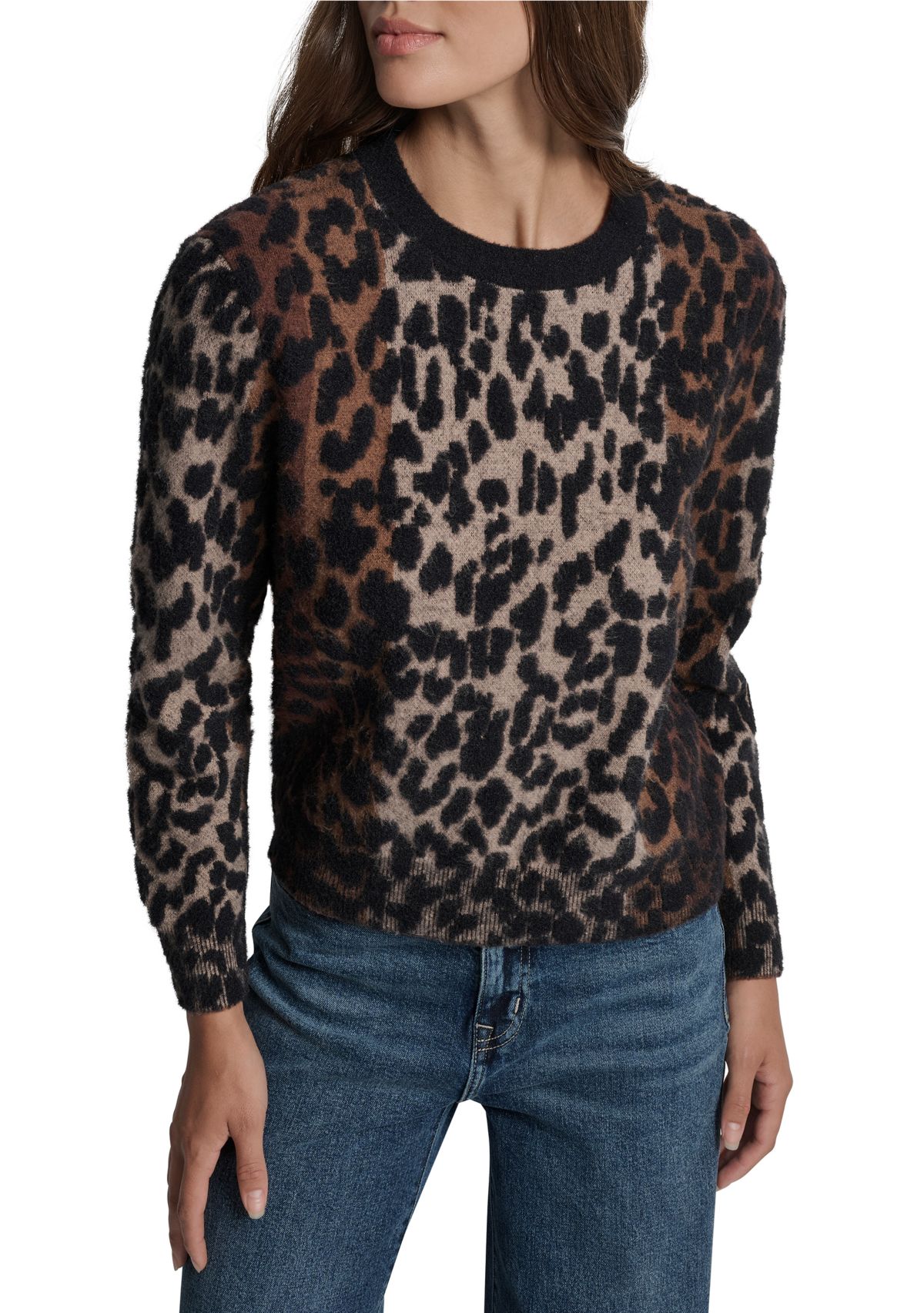 Womens Logo Sleeve Crew Neck Leopard Sweater