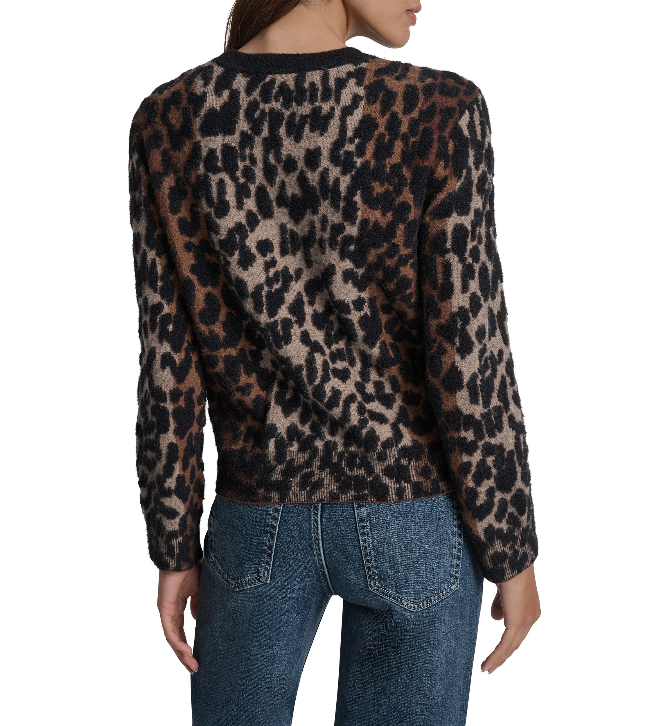 Womens Logo Sleeve Crew Neck Leopard Sweater