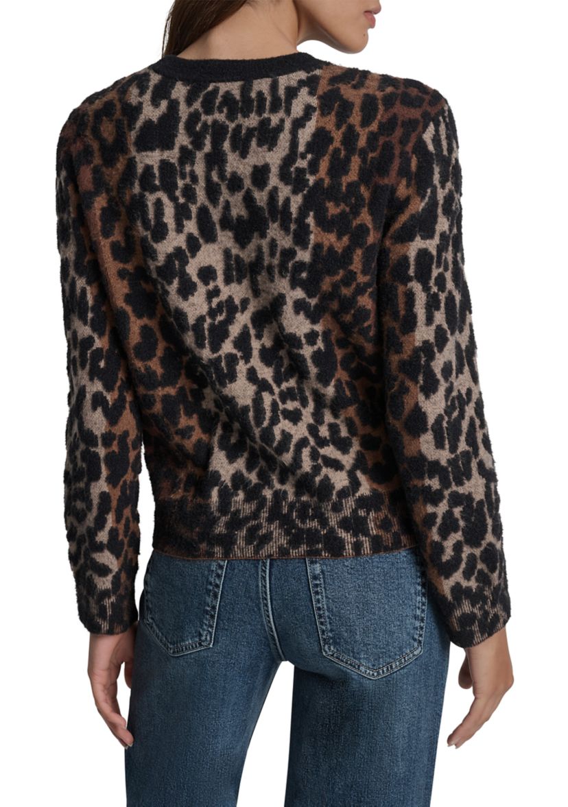 Womens Logo Sleeve Crew Neck Leopard Sweater