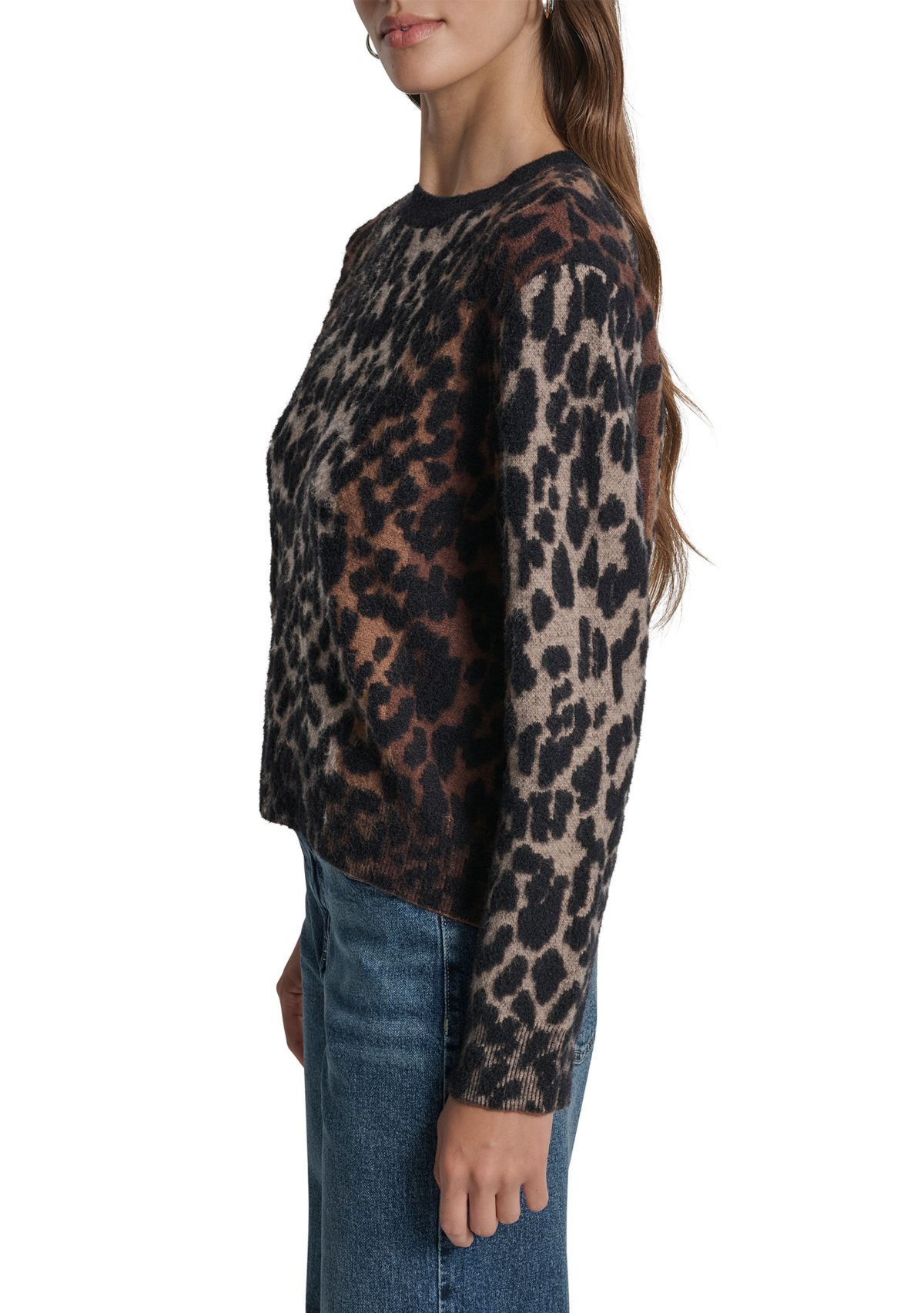 Womens Logo Sleeve Crew Neck Leopard Sweater