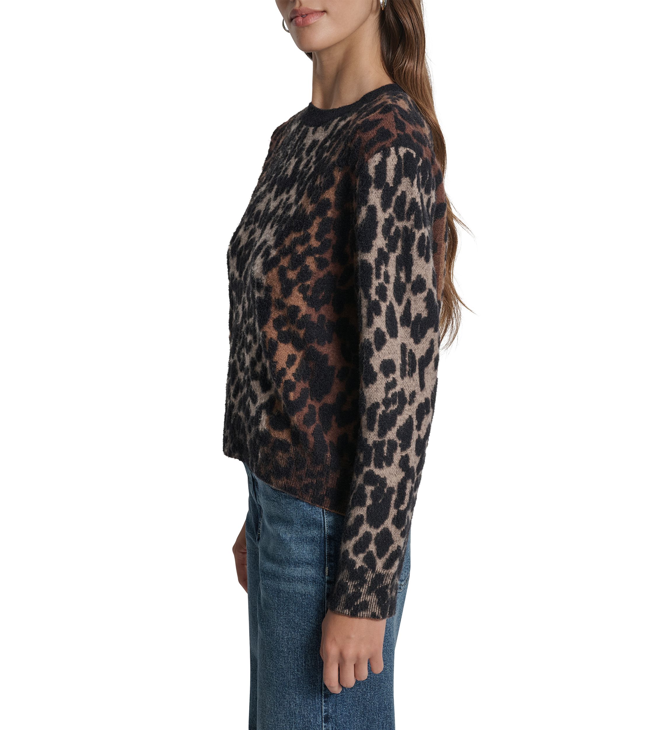 Womens Logo Sleeve Crew Neck Leopard Sweater