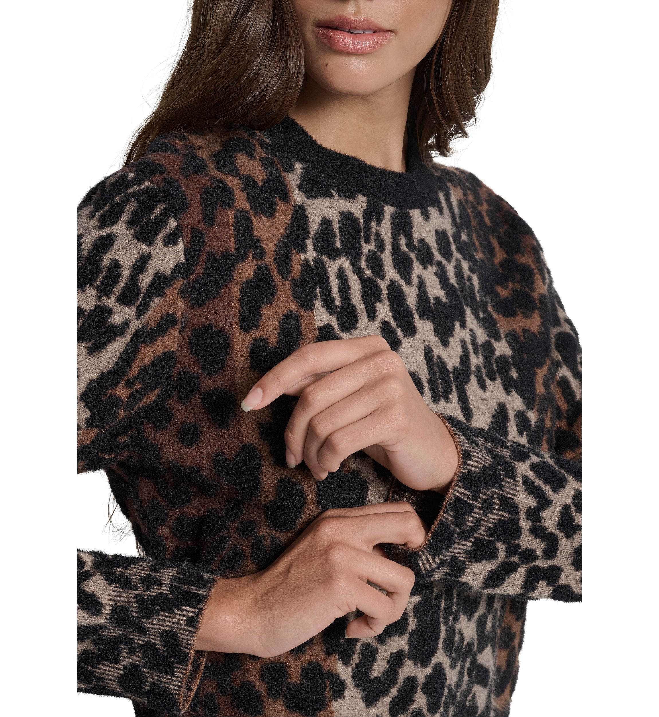Womens Logo Sleeve Crew Neck Leopard Sweater