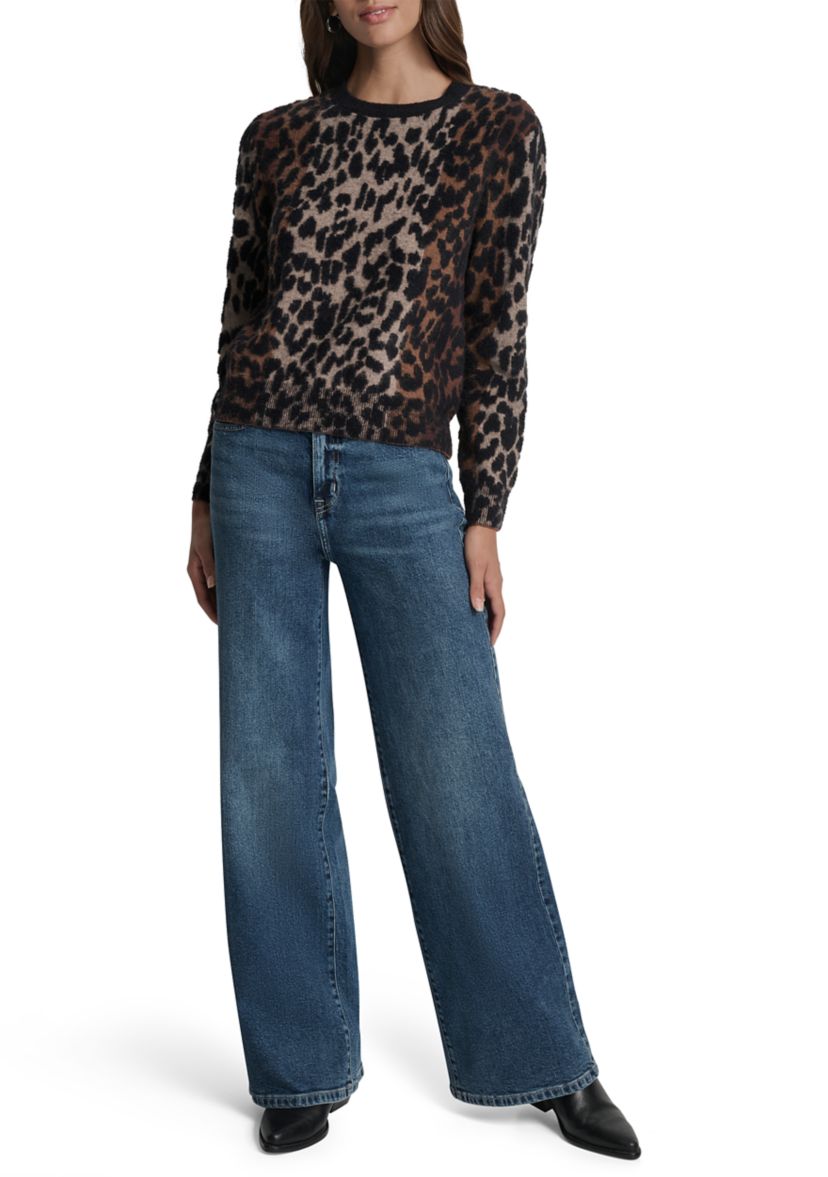 Womens Logo Sleeve Crew Neck Leopard Sweater