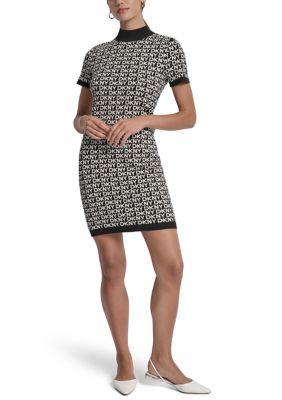 DKNY Jeans Women's Logo Jacquard Short Sleeve Mock Neck Mini Dress, XS