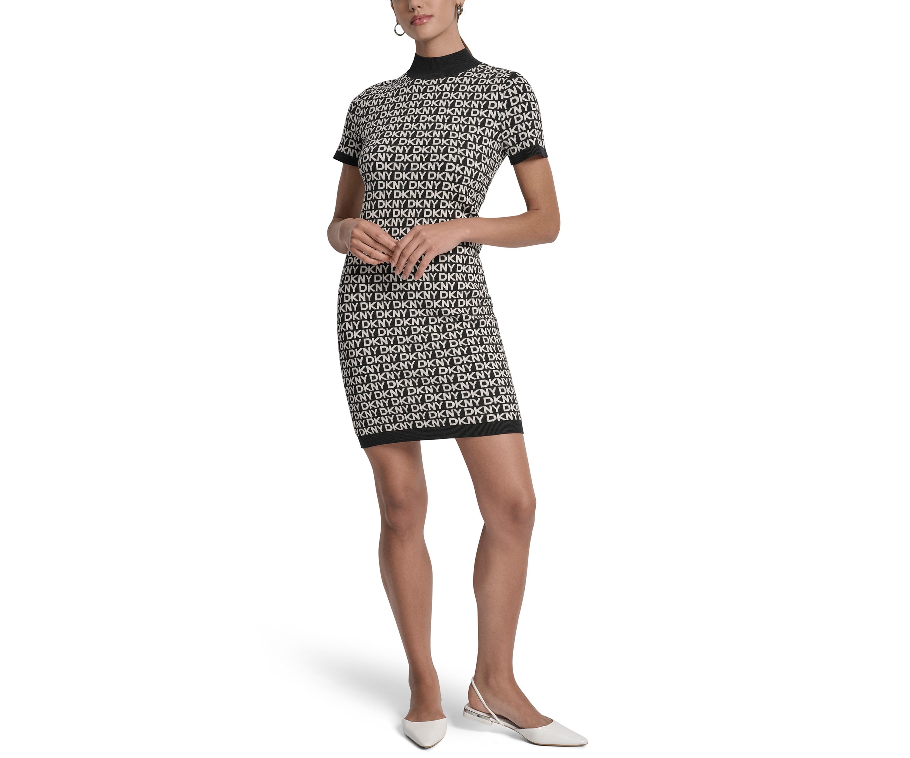 Womens Logo Jacquard Short Sleeve Mock Neck Mini Dress