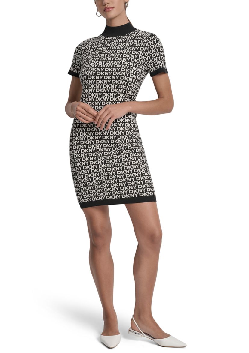 Womens Logo Jacquard Short Sleeve Mock Neck Mini Dress