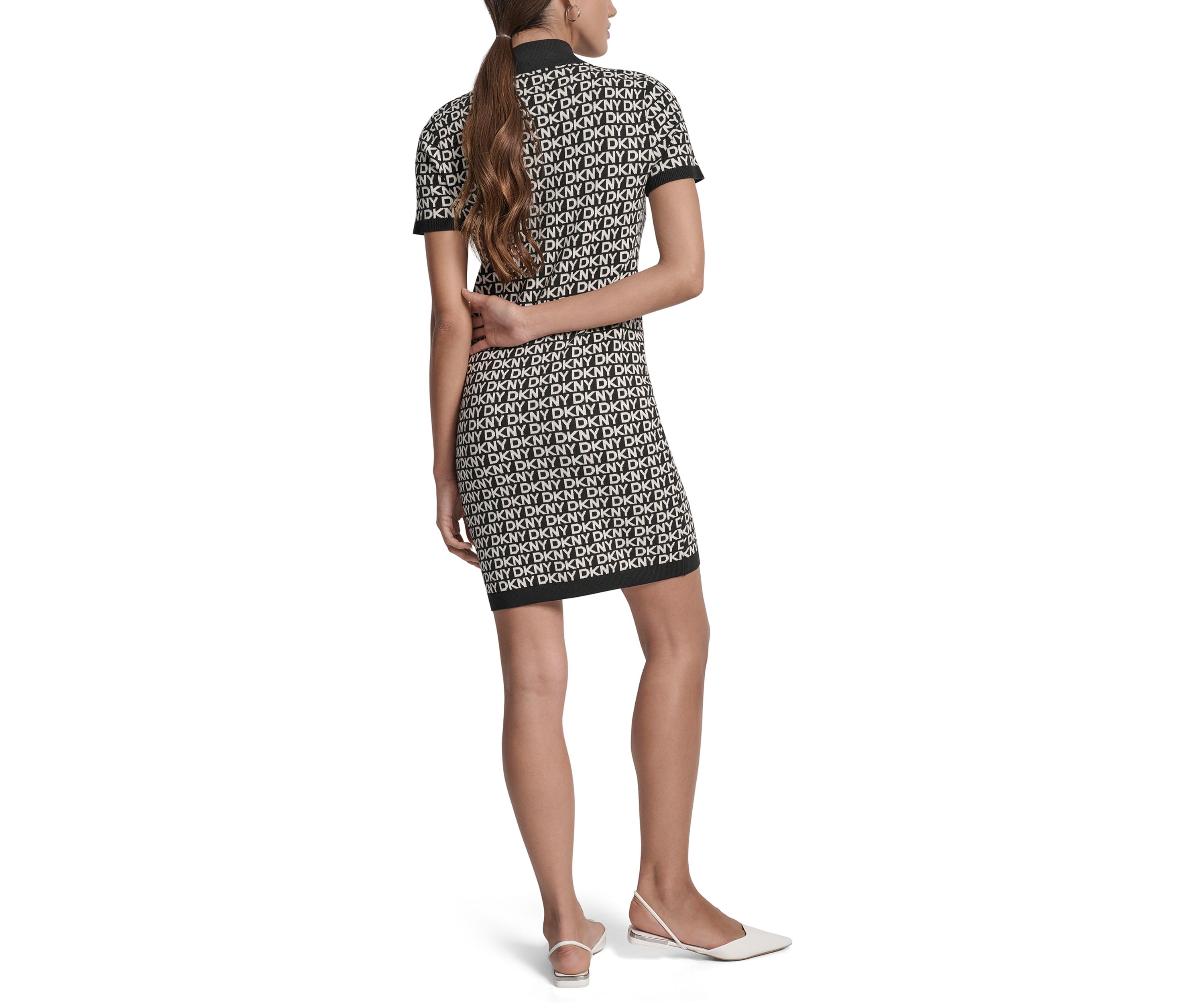 Womens Logo Jacquard Short Sleeve Mock Neck Mini Dress