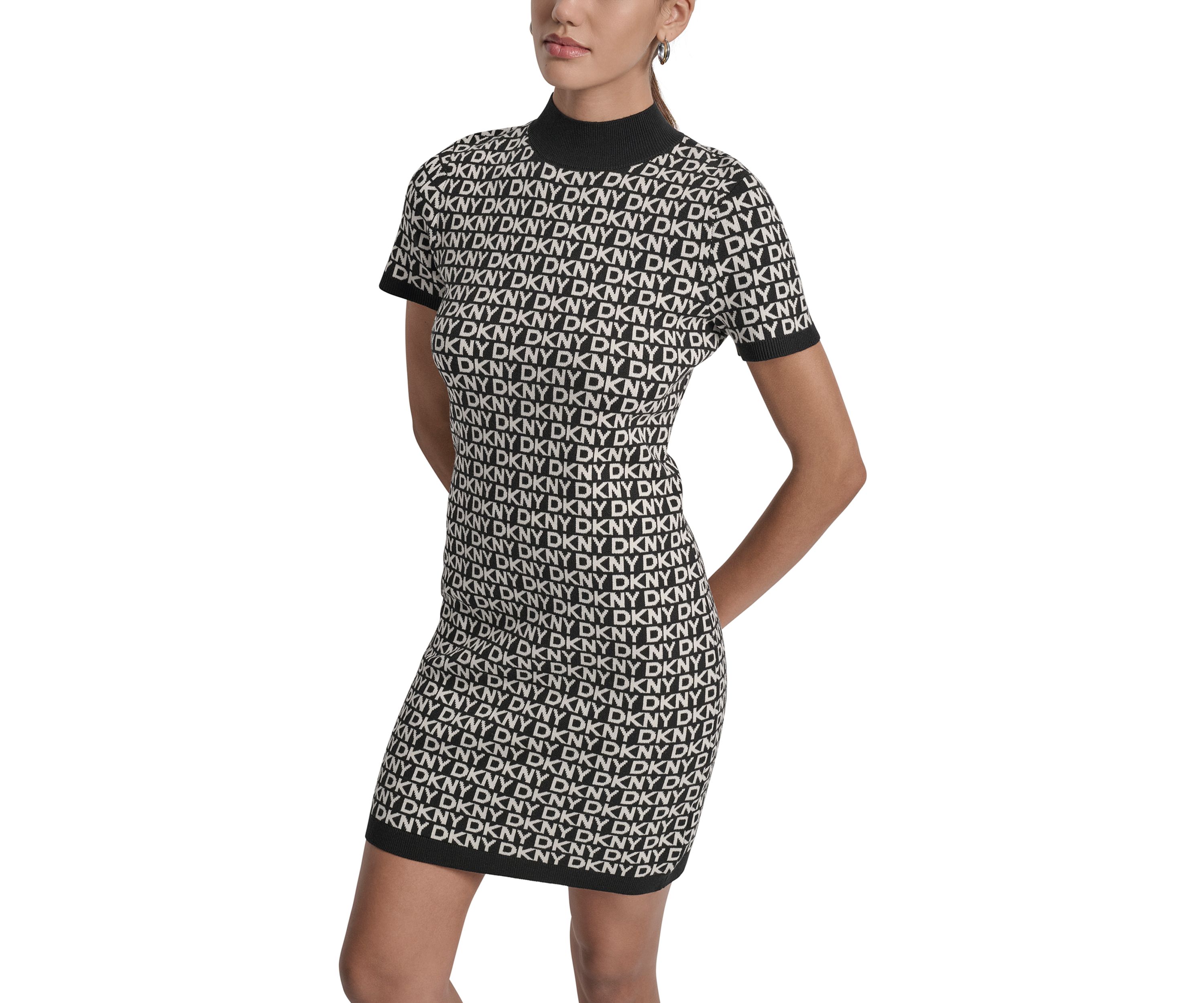 Womens Logo Jacquard Short Sleeve Mock Neck Mini Dress