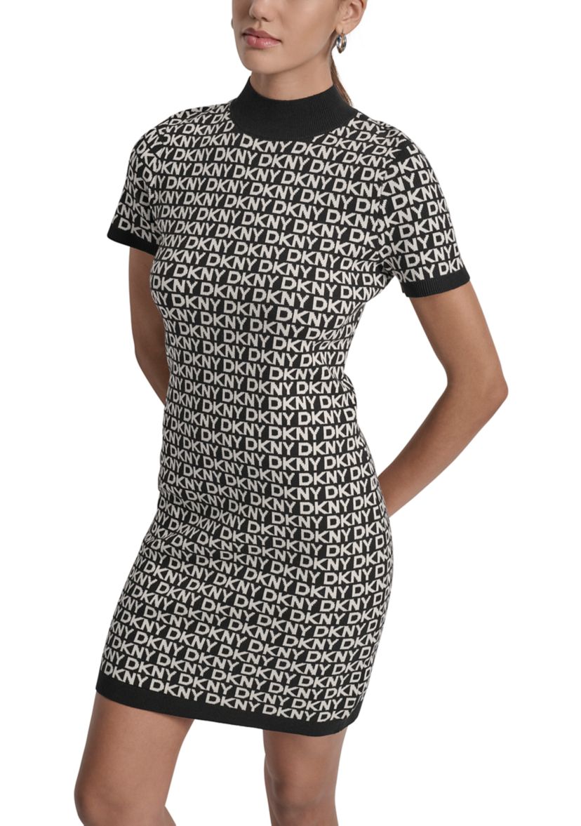 Womens Logo Jacquard Short Sleeve Mock Neck Mini Dress