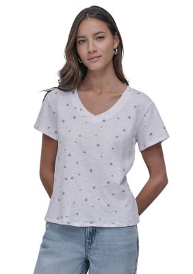 DKNY Jeans Women's Tossed Star Print Relaxed V-Neck Short Sleeve Slub Jersey T-Shirt, XS