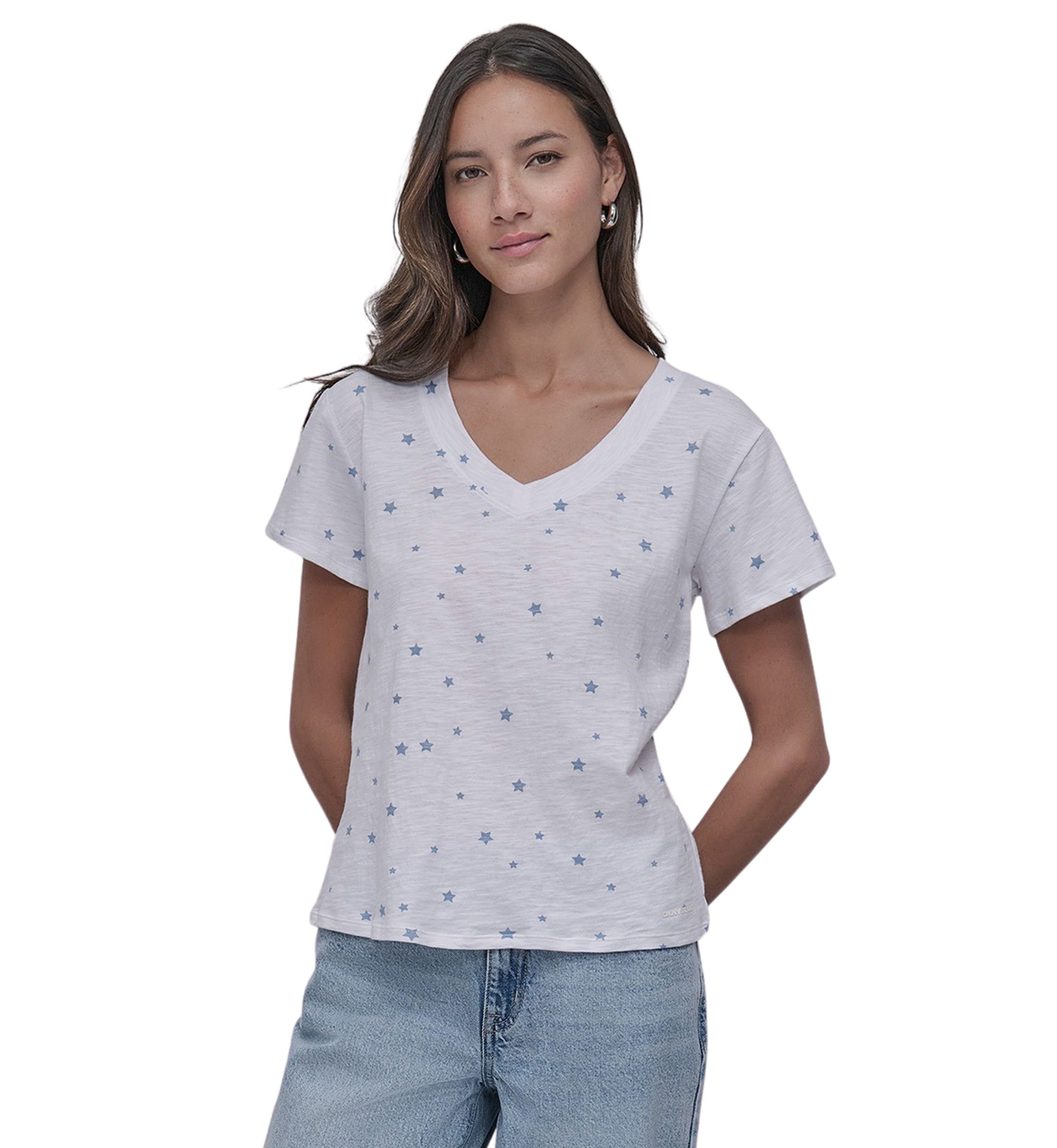 Tossed Star Print Relaxed V-Neck Short Sleeve Slub Jersey T-Shirt 