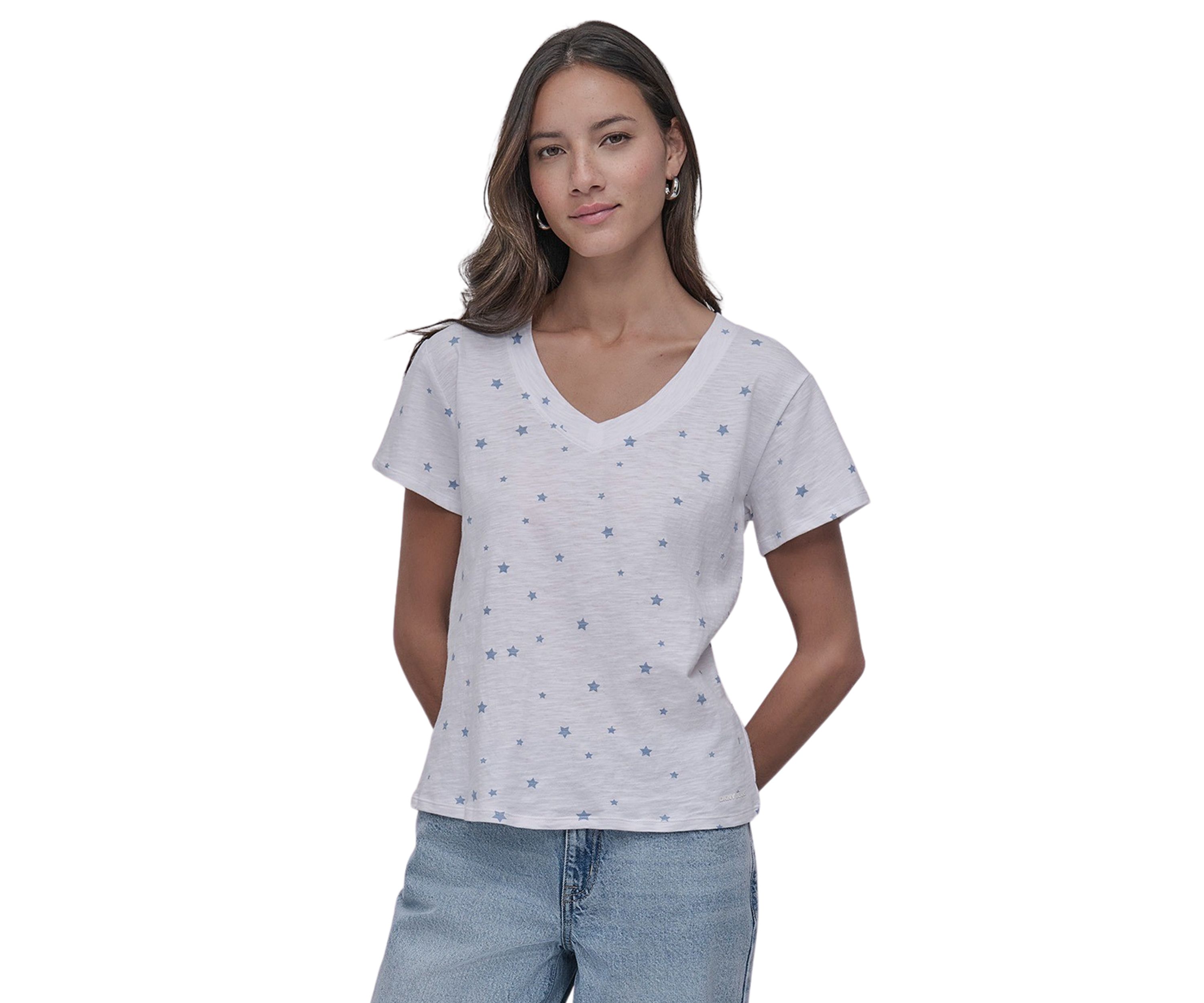 Tossed Star Print Relaxed V-Neck Short Sleeve Slub Jersey T-Shirt 