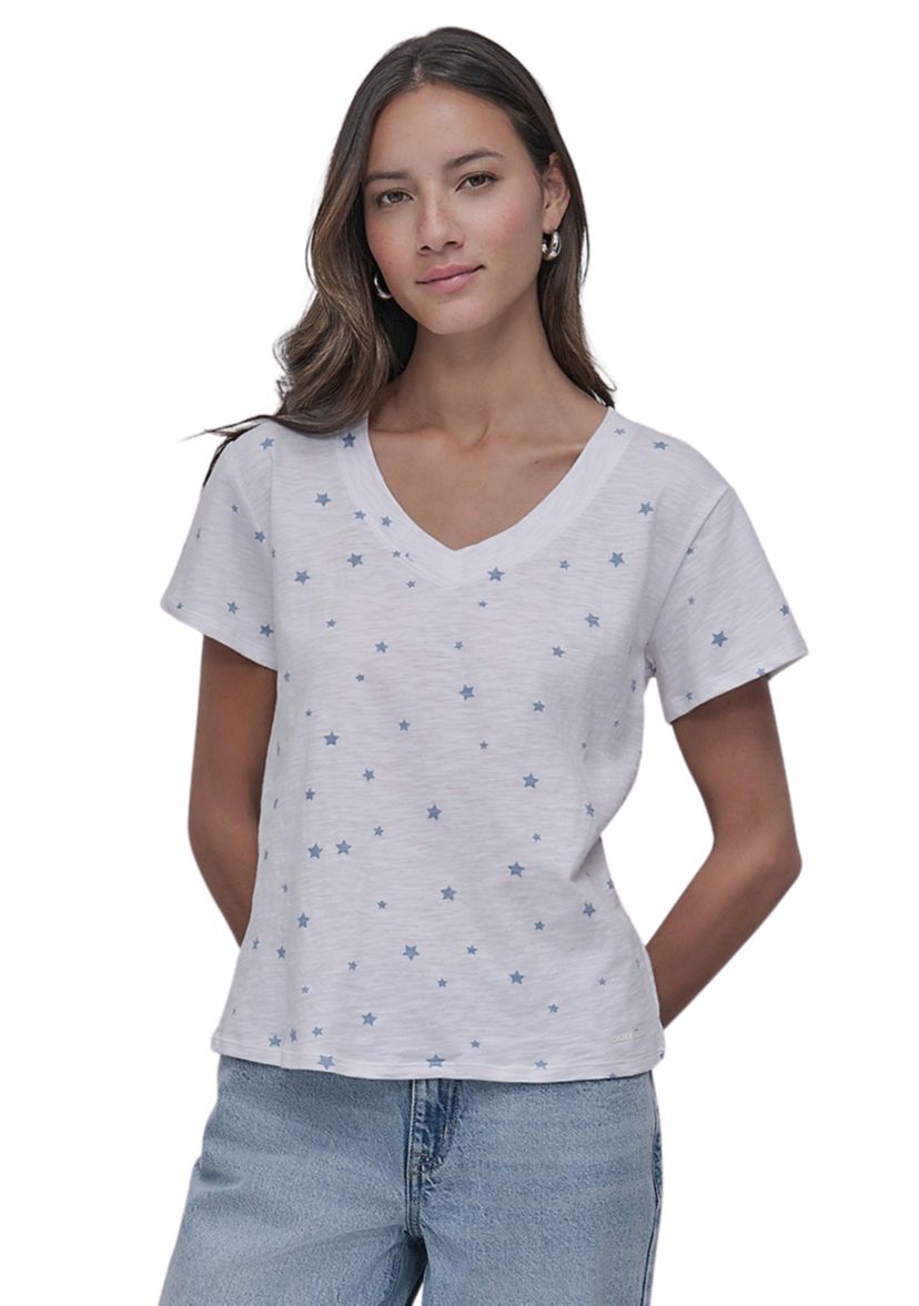 Tossed Star Print Relaxed V-Neck Short Sleeve Slub Jersey T-Shirt 