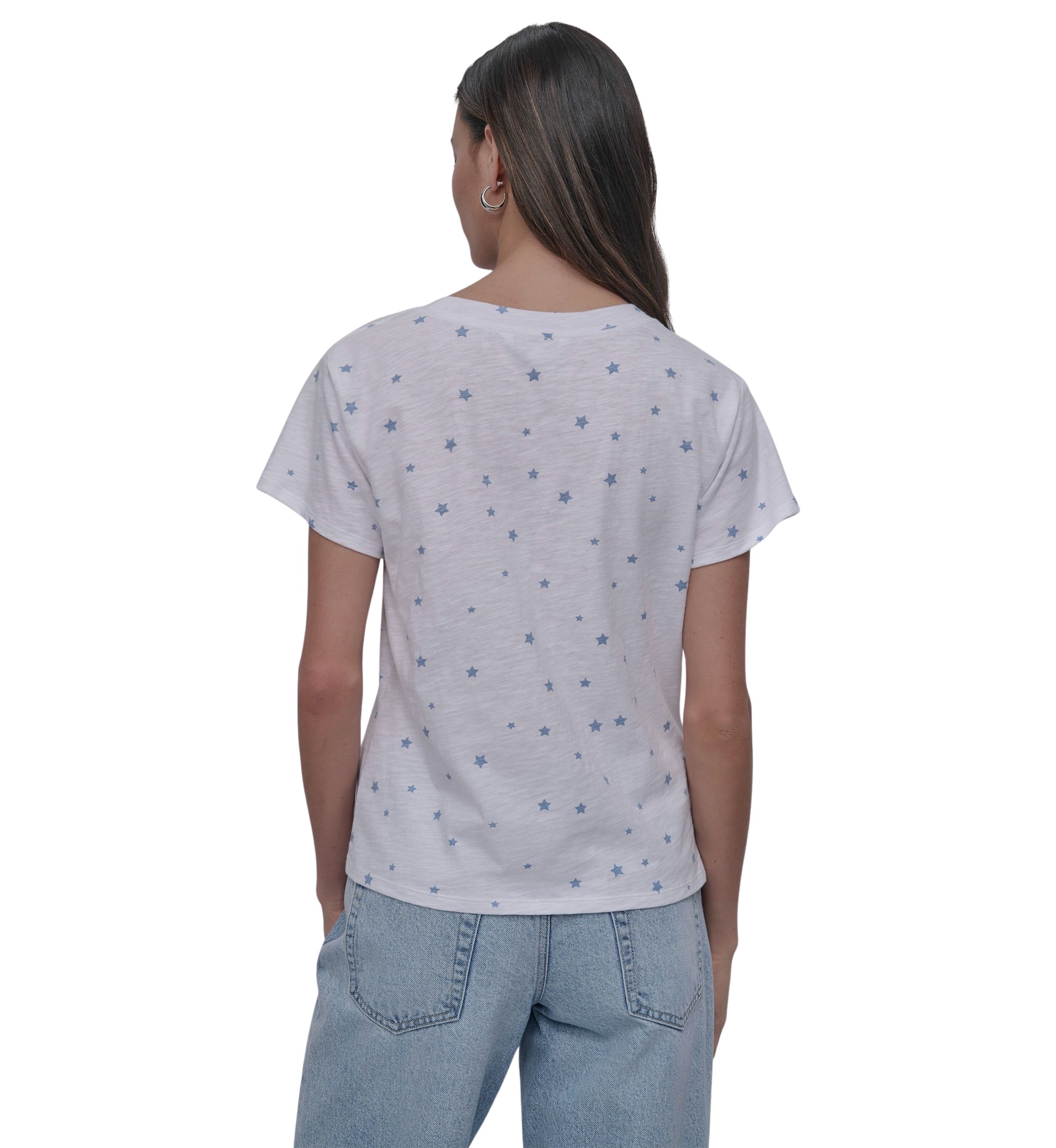 Tossed Star Print Relaxed V-Neck Short Sleeve Slub Jersey T-Shirt 
