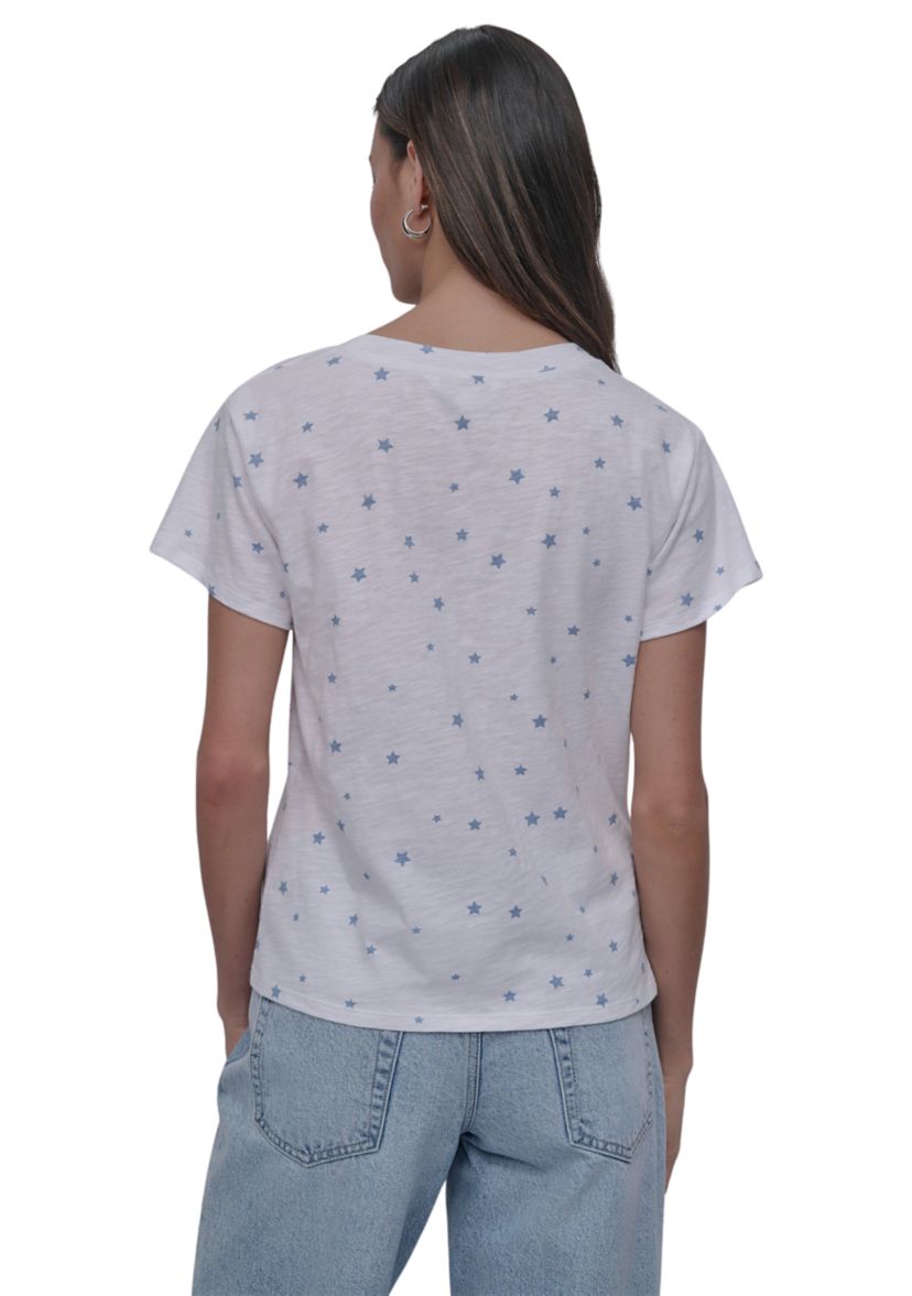 Tossed Star Print Relaxed V-Neck Short Sleeve Slub Jersey T-Shirt 