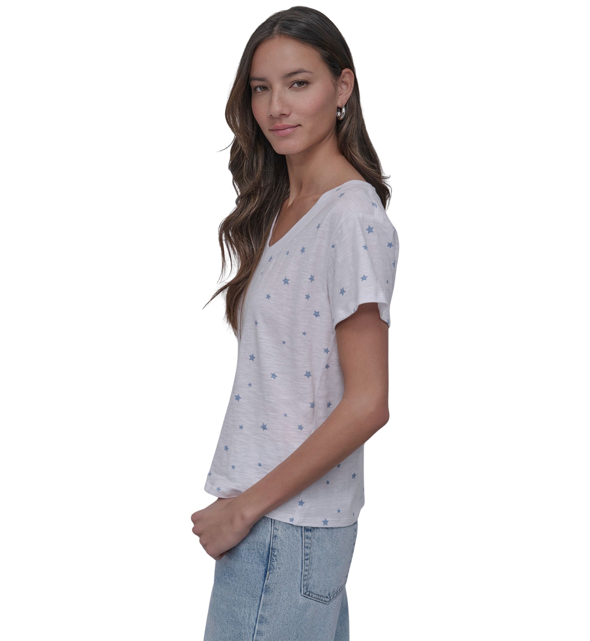 Tossed Star Print Relaxed V-Neck Short Sleeve Slub Jersey T-Shirt 