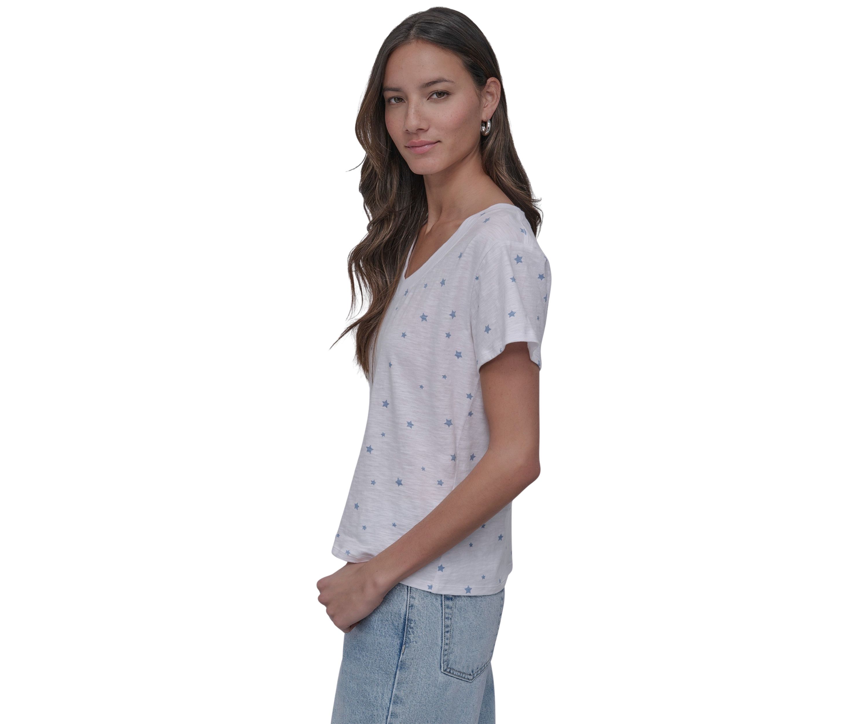 Tossed Star Print Relaxed V-Neck Short Sleeve Slub Jersey T-Shirt 