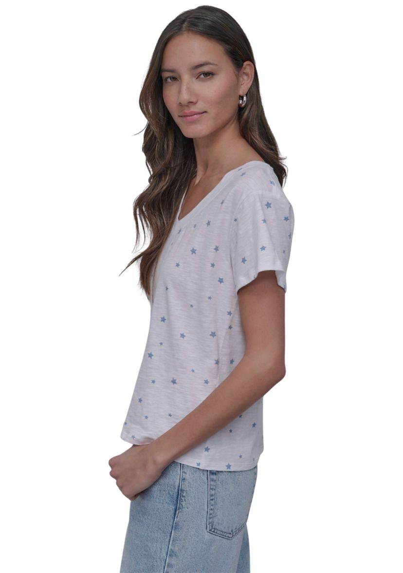 Tossed Star Print Relaxed V-Neck Short Sleeve Slub Jersey T-Shirt 