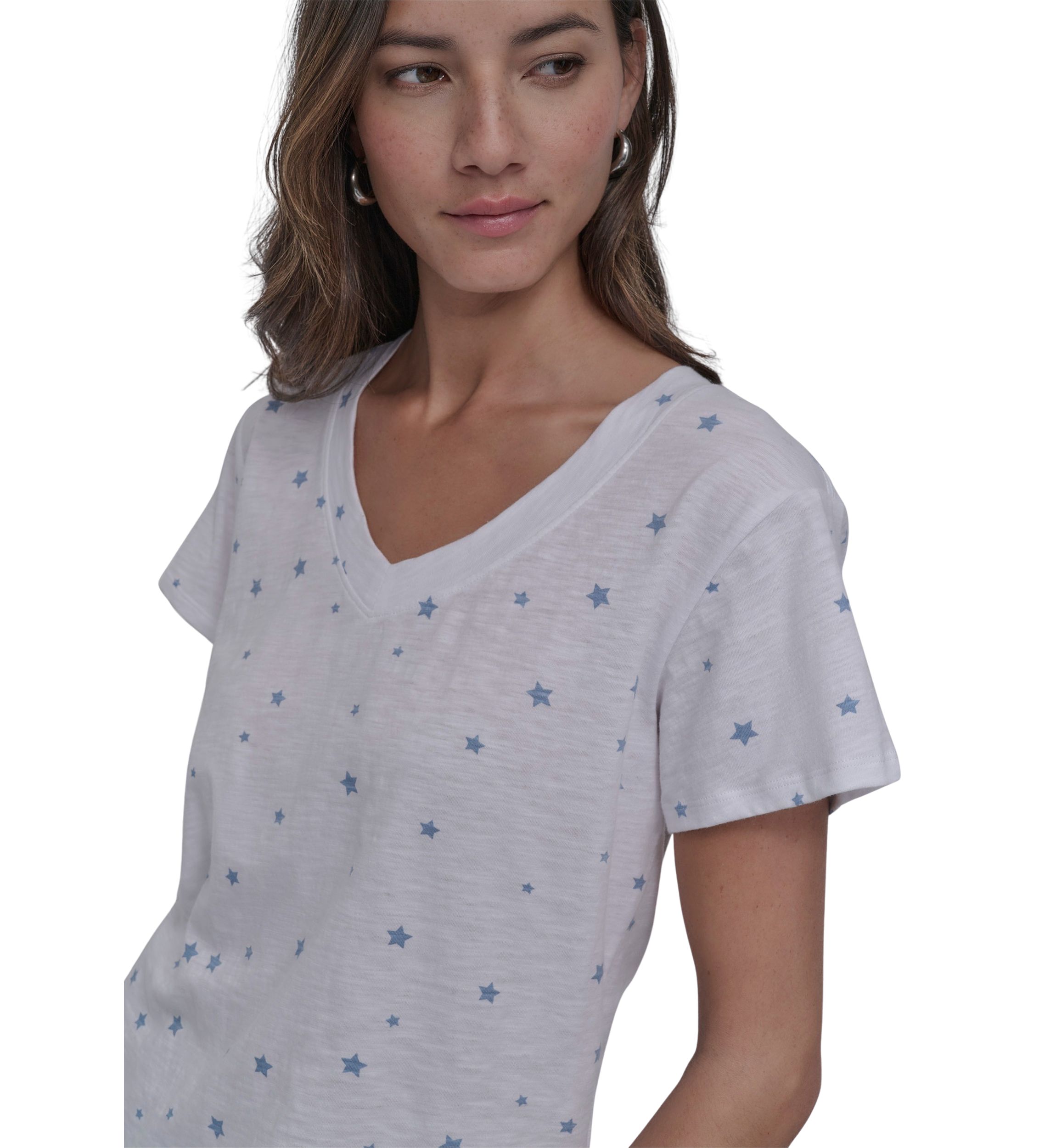 Tossed Star Print Relaxed V-Neck Short Sleeve Slub Jersey T-Shirt 