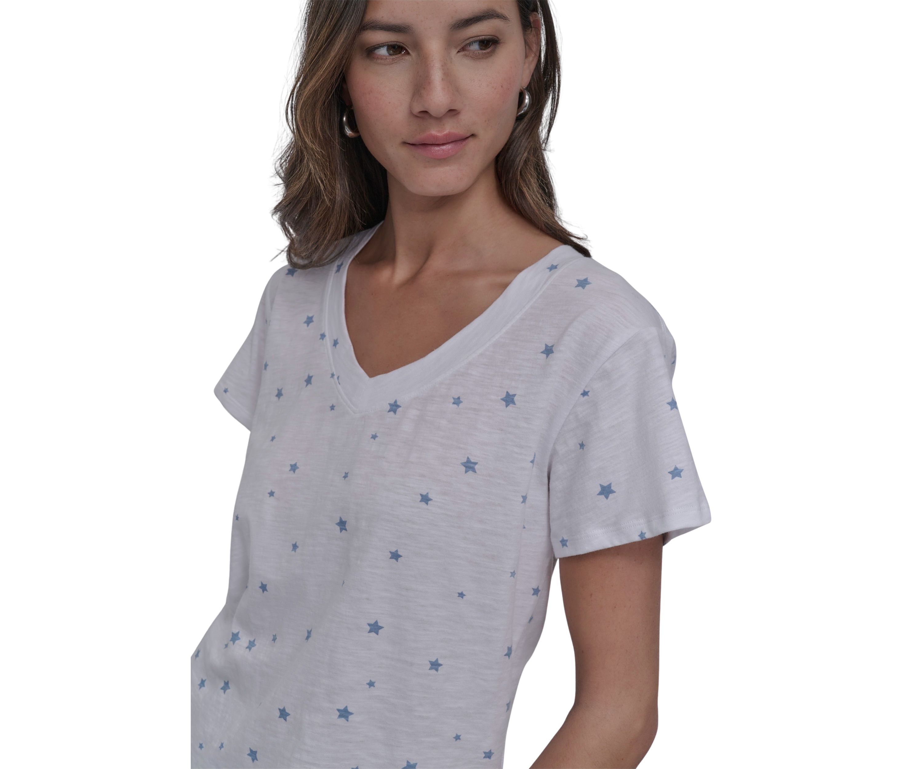 Tossed Star Print Relaxed V-Neck Short Sleeve Slub Jersey T-Shirt 