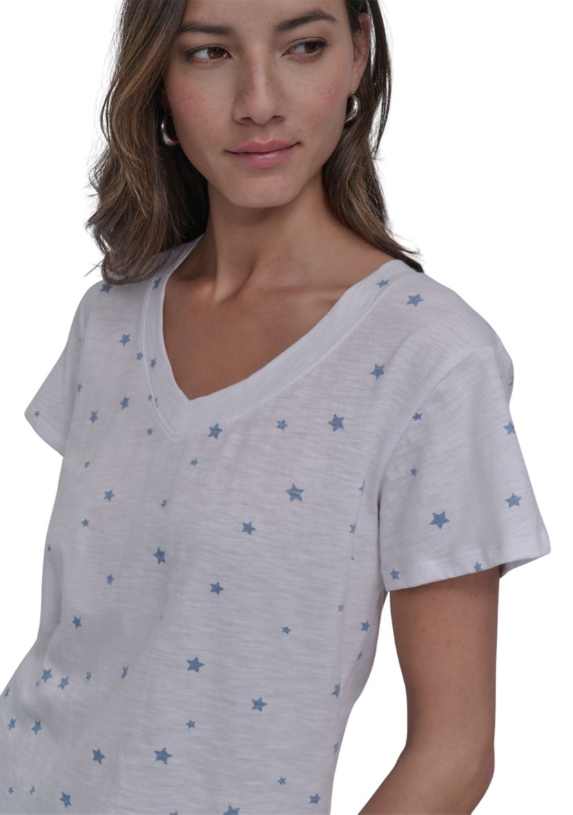 Tossed Star Print Relaxed V-Neck Short Sleeve Slub Jersey T-Shirt 