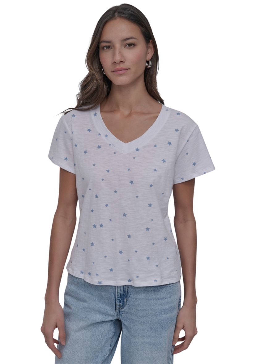 Tossed Star Print Relaxed V-Neck Short Sleeve Slub Jersey T-Shirt 