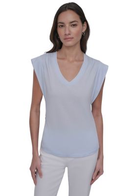 DKNY Jeans Women's V-Neck Ruched Shoulder Side Extended Sleeve T-Shirt, XS