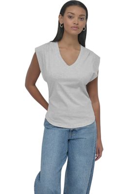 DKNY Jeans Women's V-Neck Ruched Shoulder Side Extended Sleeve T-Shirt, Grey, XS