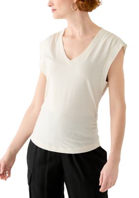 DKNY Jeans Women's V-Neck Ruched Shoulder Side Extended Sleeve T-Shirt, Medium