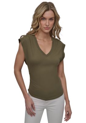 DKNY Jeans Women's V-Neck Ruched Shoulder Side Extended Sleeve T-Shirt, XS