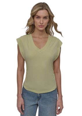 DKNY Jeans Women's V-Neck Ruched Shoulder Side Extended Sleeve T-Shirt, Green, XS
