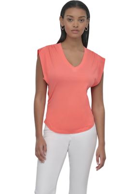 DKNY Jeans Women's V-Neck Ruched Shoulder Side Extended Sleeve T-Shirt, Coral, XS