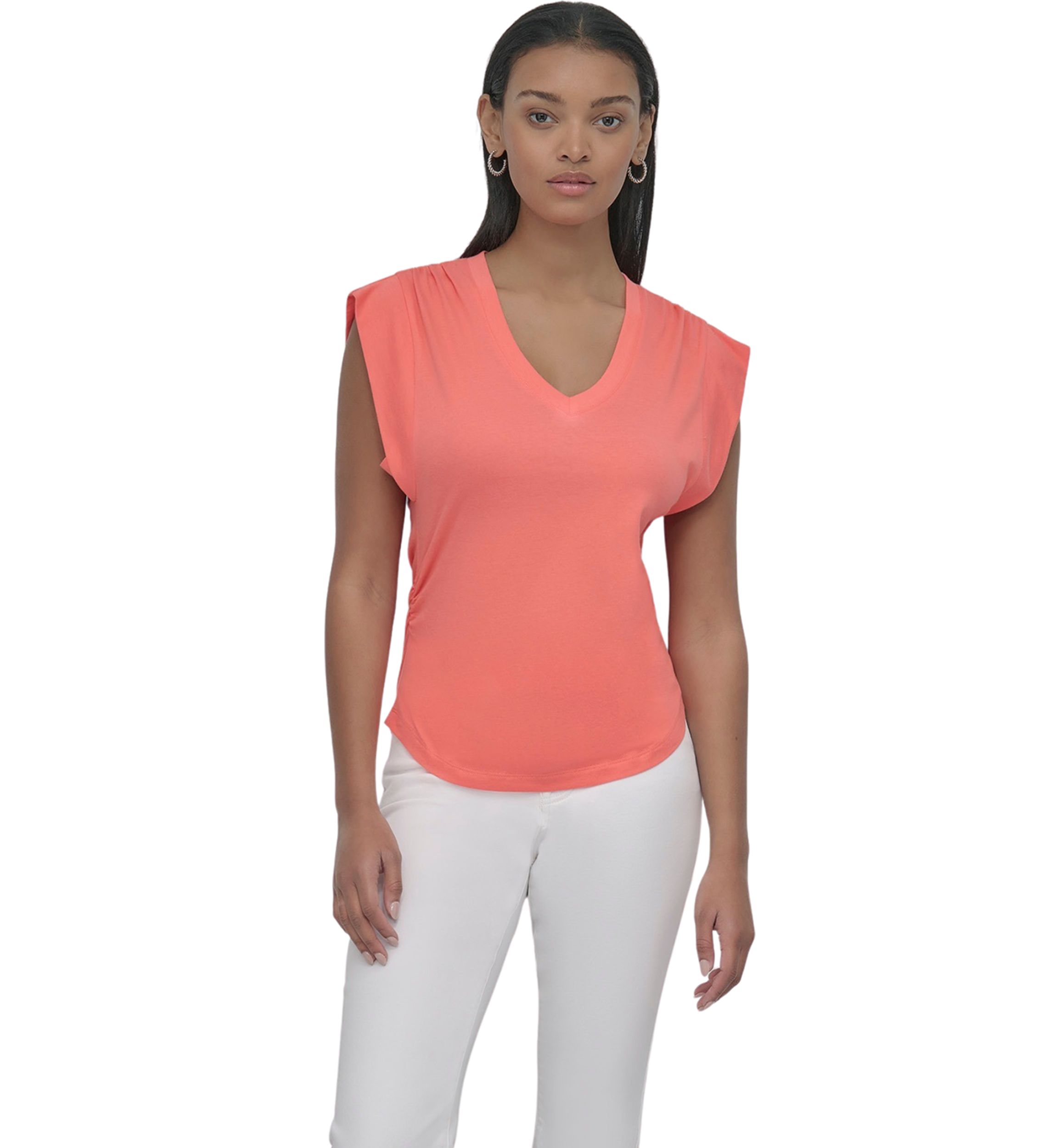 Womens V-Neck Ruched Shoulder Side Extended Sleeve T-Shirt