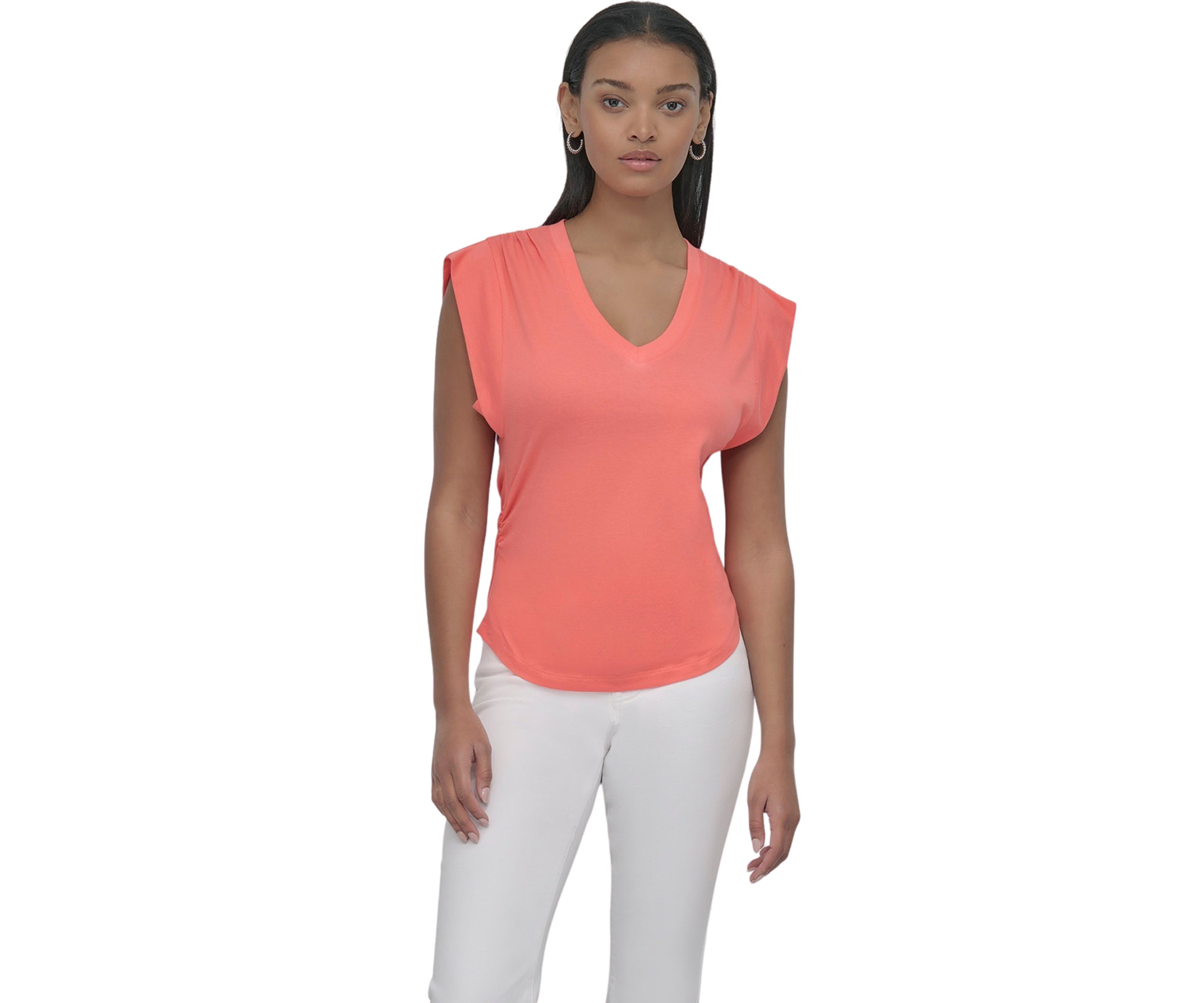 Womens V-Neck Ruched Shoulder Side Extended Sleeve T-Shirt