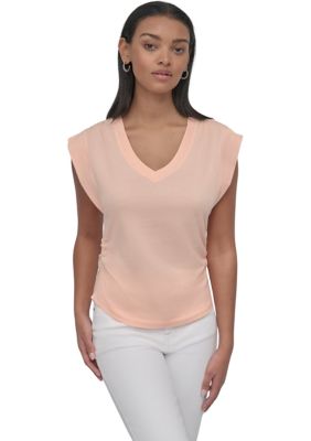 DKNY Jeans Women's V-Neck Ruched Shoulder Side Extended Sleeve T-Shirt, XS