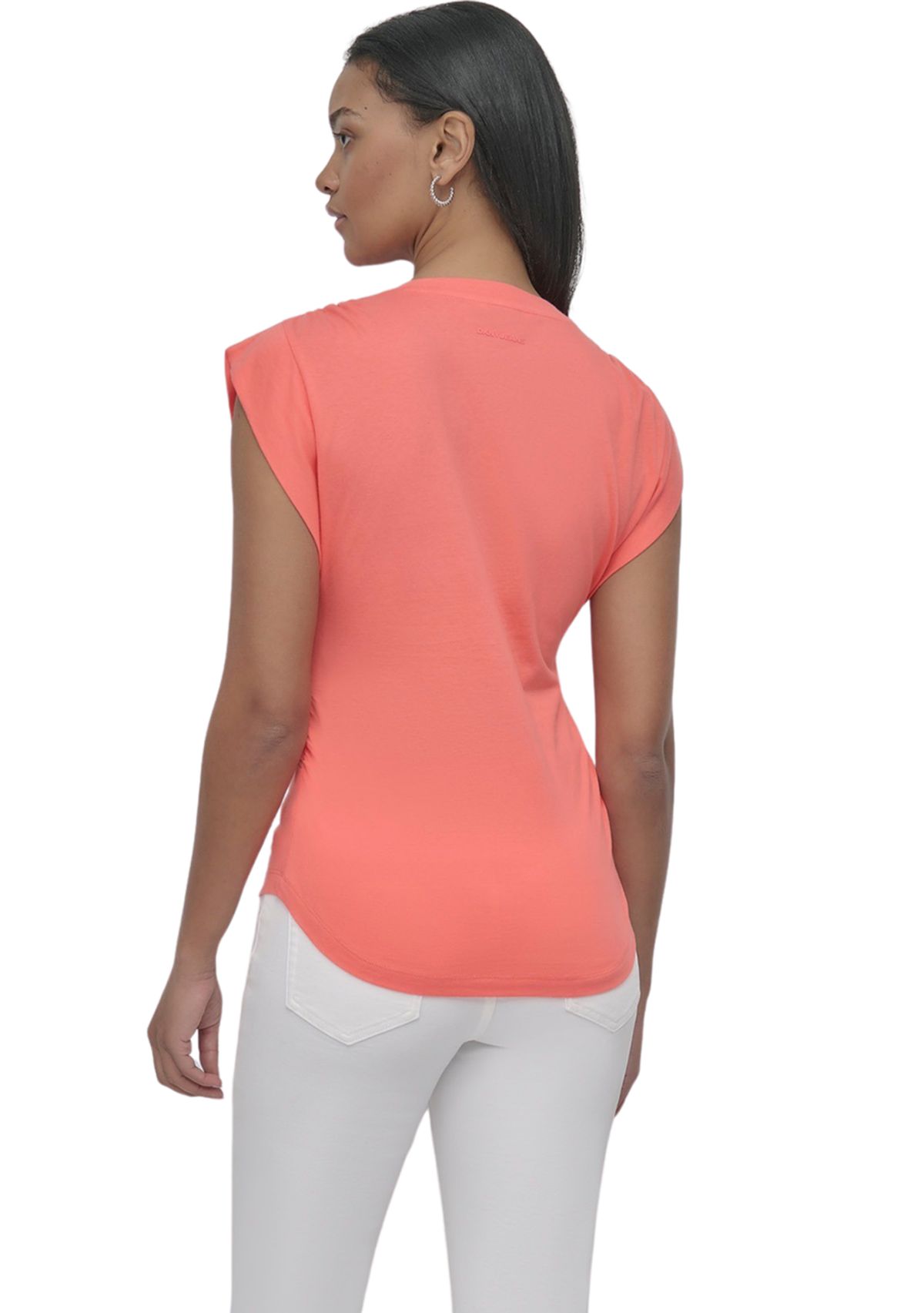 Womens V-Neck Ruched Shoulder Side Extended Sleeve T-Shirt