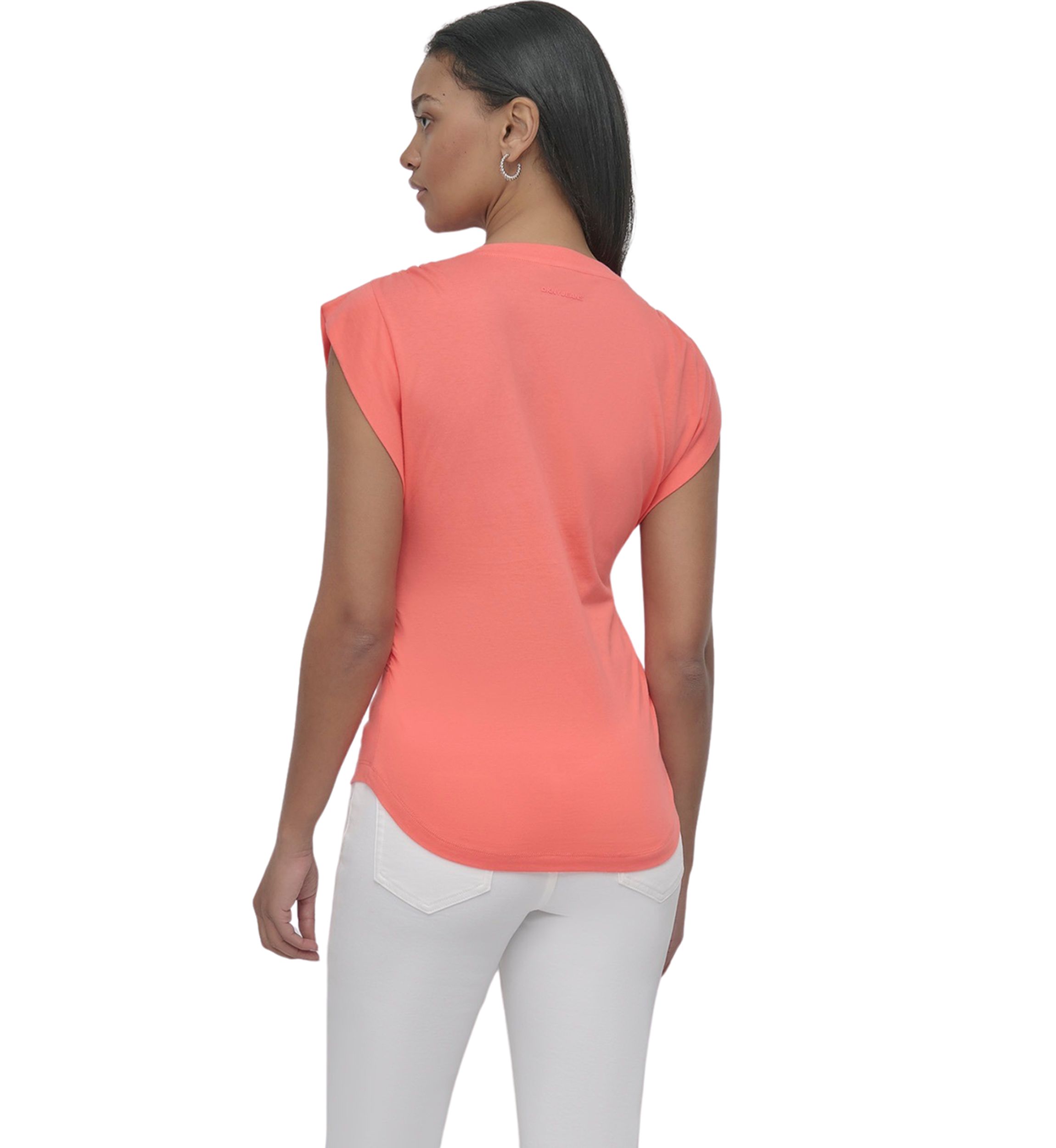 Womens V-Neck Ruched Shoulder Side Extended Sleeve T-Shirt