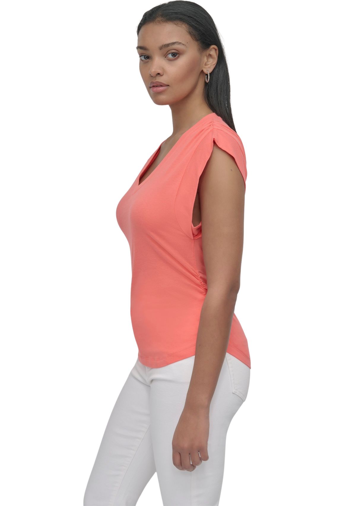 Womens V-Neck Ruched Shoulder Side Extended Sleeve T-Shirt