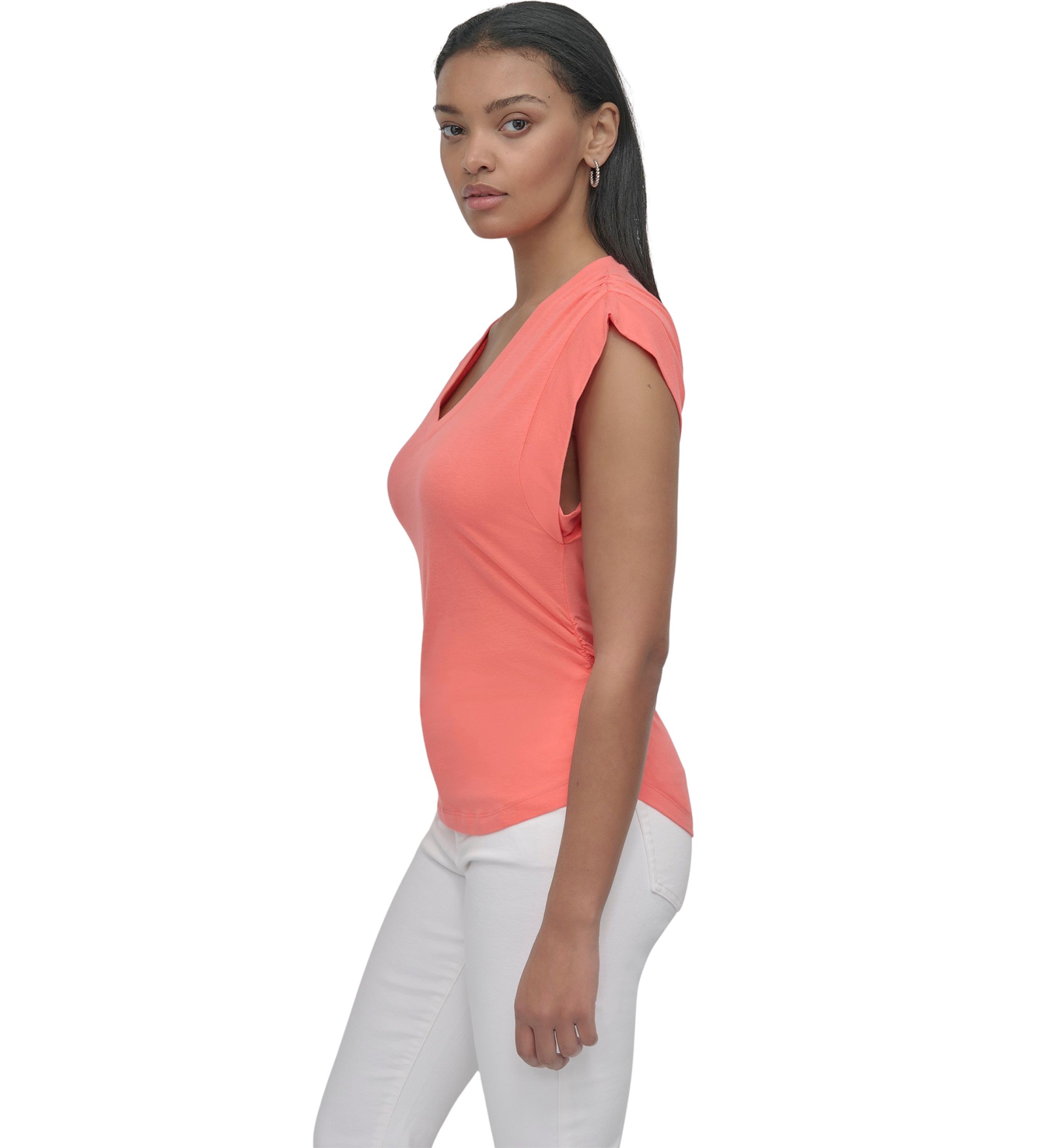 Womens V-Neck Ruched Shoulder Side Extended Sleeve T-Shirt