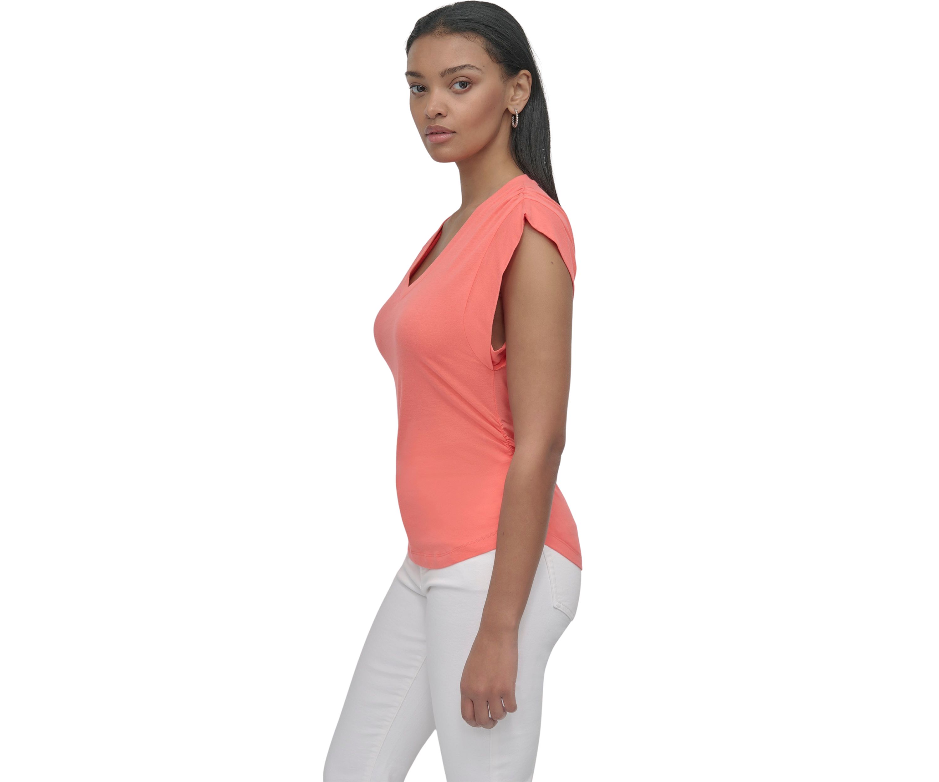 Womens V-Neck Ruched Shoulder Side Extended Sleeve T-Shirt