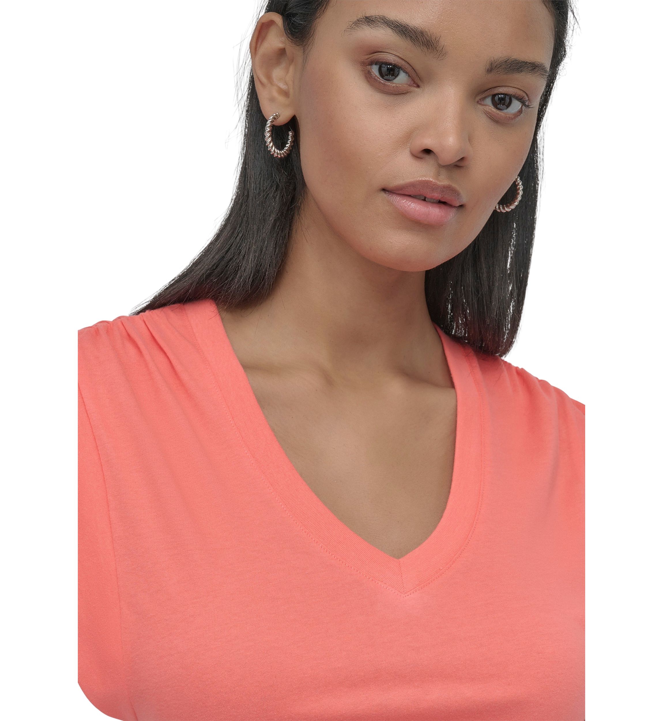 Womens V-Neck Ruched Shoulder Side Extended Sleeve T-Shirt