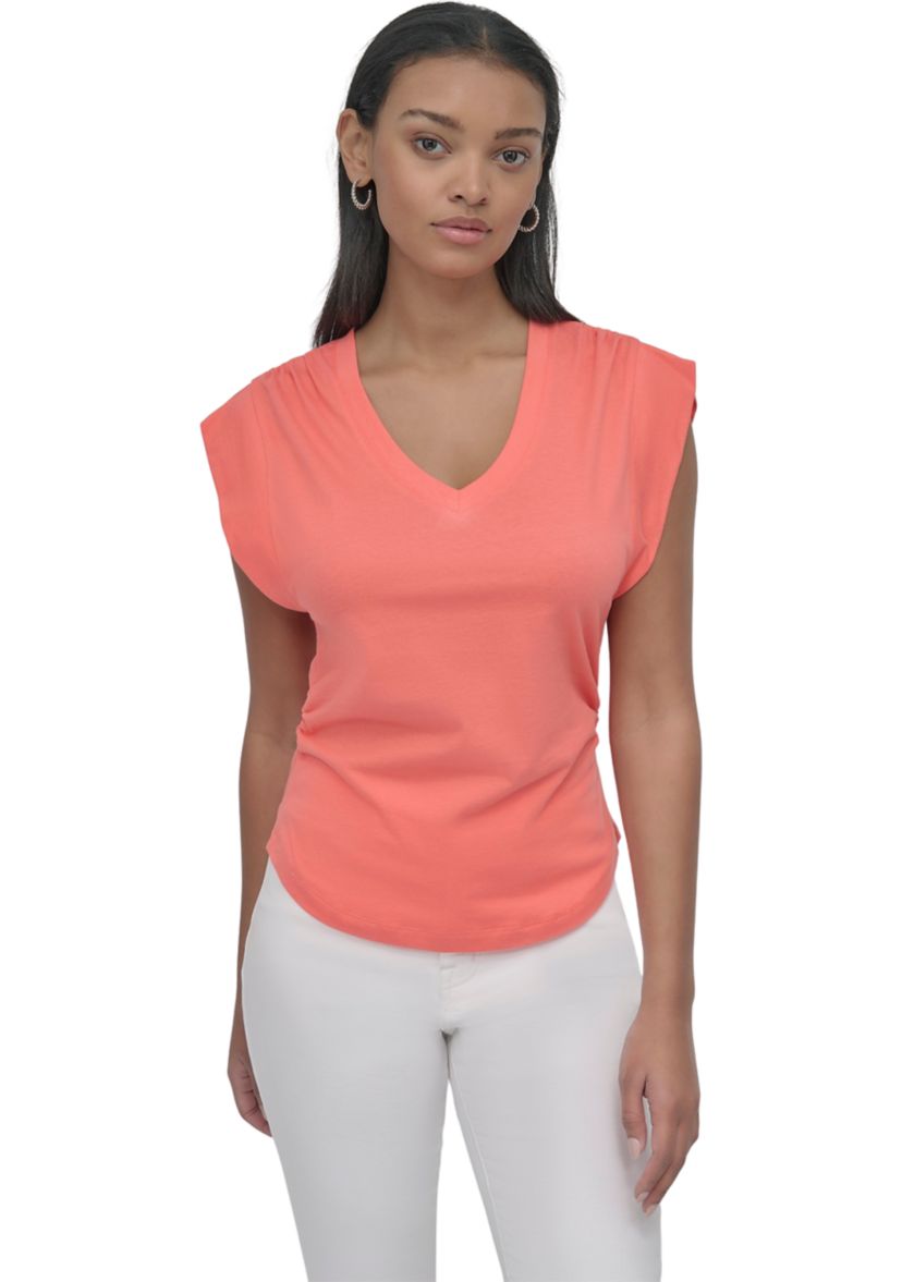 Womens V-Neck Ruched Shoulder Side Extended Sleeve T-Shirt