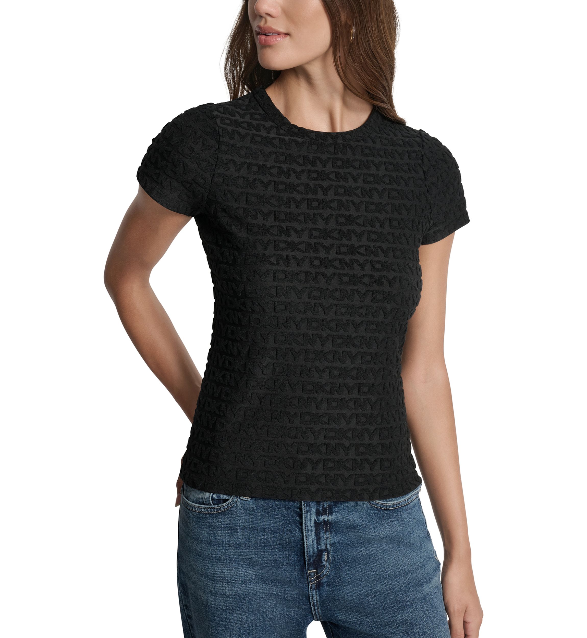 Womens Logo Jacquard Cap Sleeve Crew Neck T-Shirt