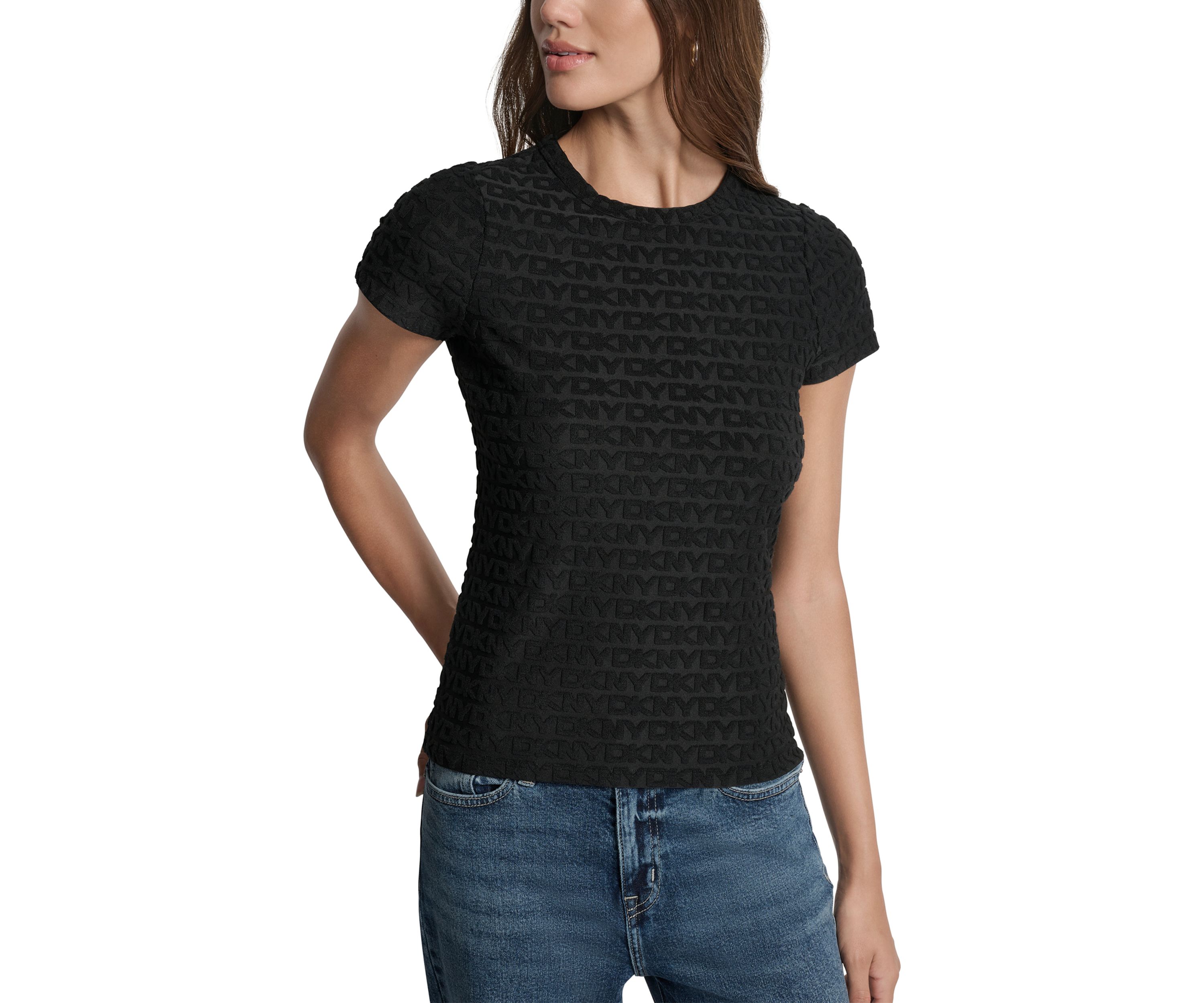 Womens Logo Jacquard Cap Sleeve Crew Neck T-Shirt